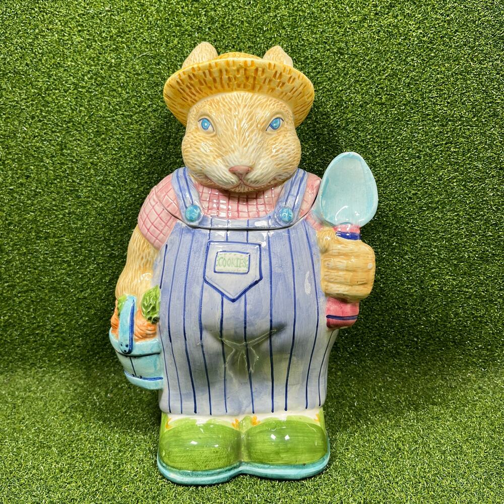 Vintage 90s Hand Painted Ceramic Farmer Rabbit Cookie Jar